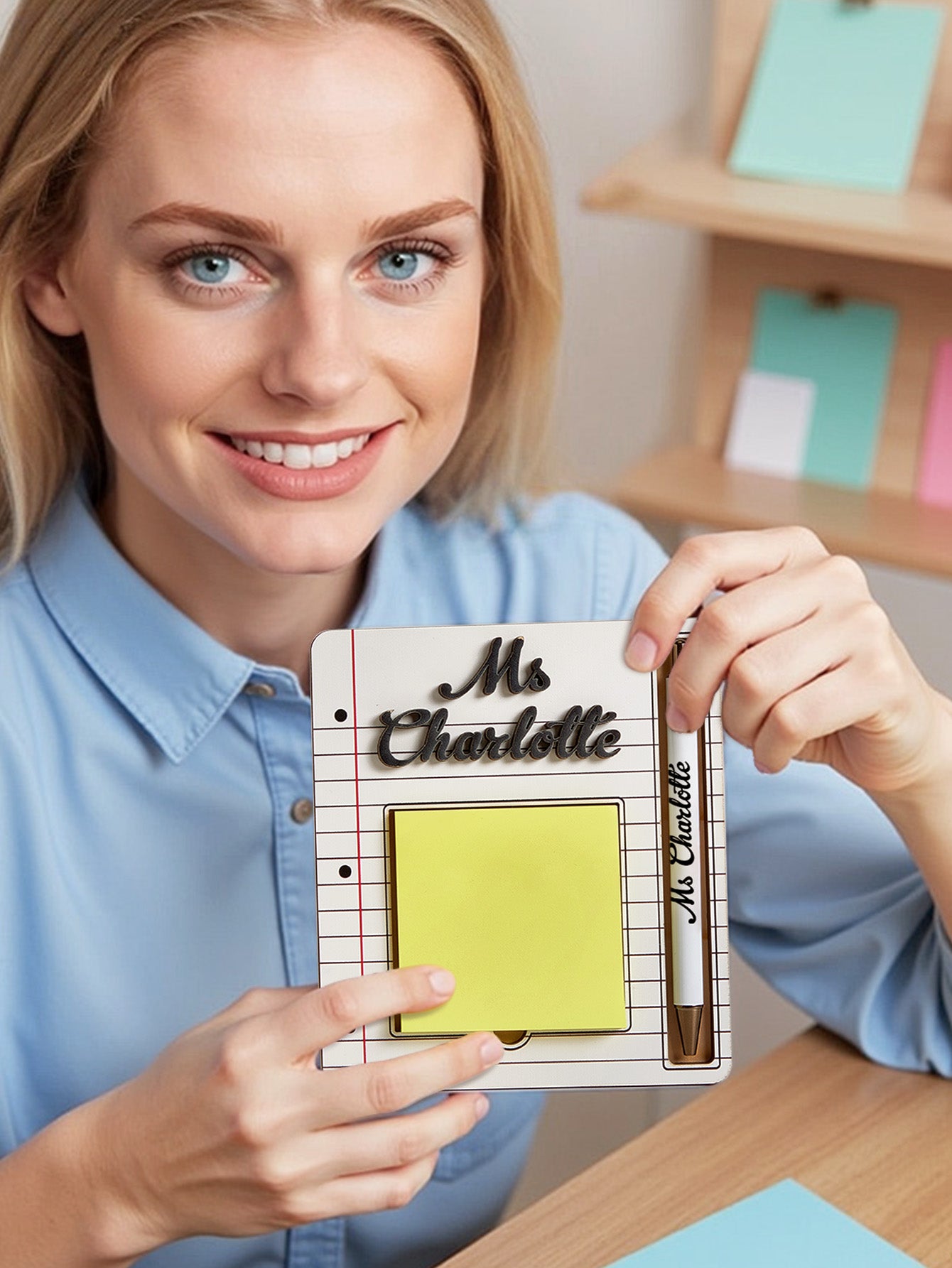 Personalized Wooden Sticky Note Holder with Pen