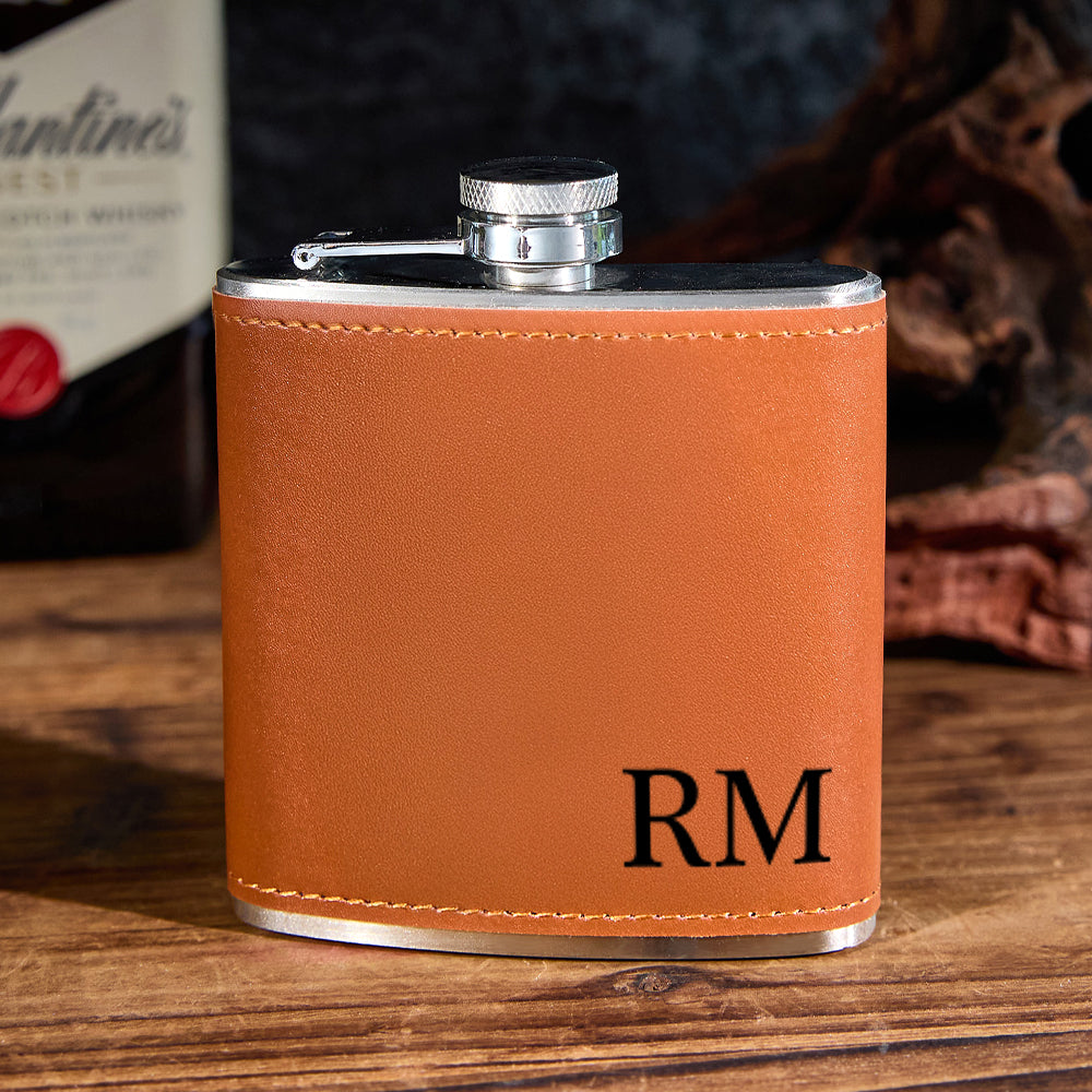 Personalized Leather Wrapped Whiskey Flask - 6oz Custom Engraved Gift