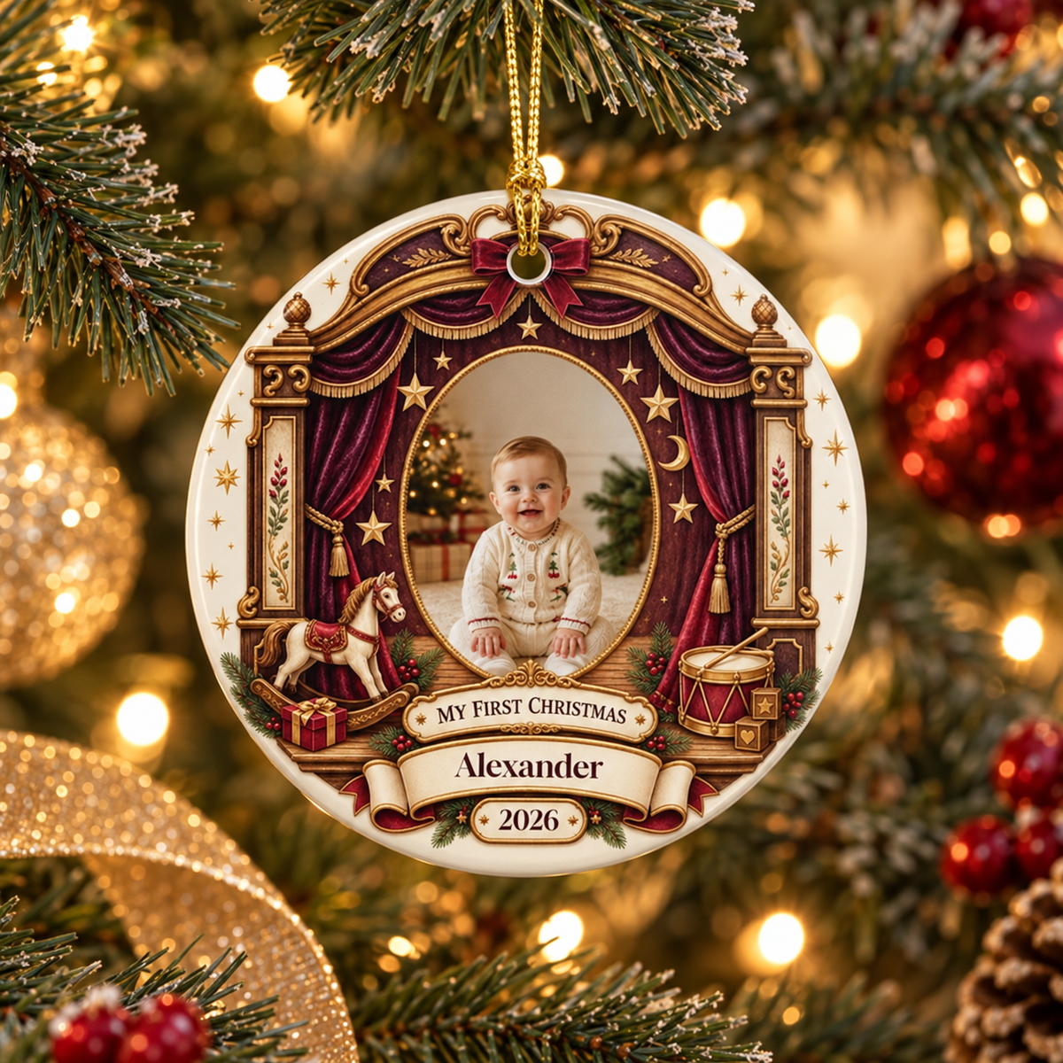 Baby's First Christmas Ceramic Photo Ornament | Theater Stage Frame | Custom Name & Year