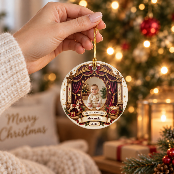 Baby's First Christmas Ceramic Photo Ornament | Theater Stage Frame | Custom Name & Year