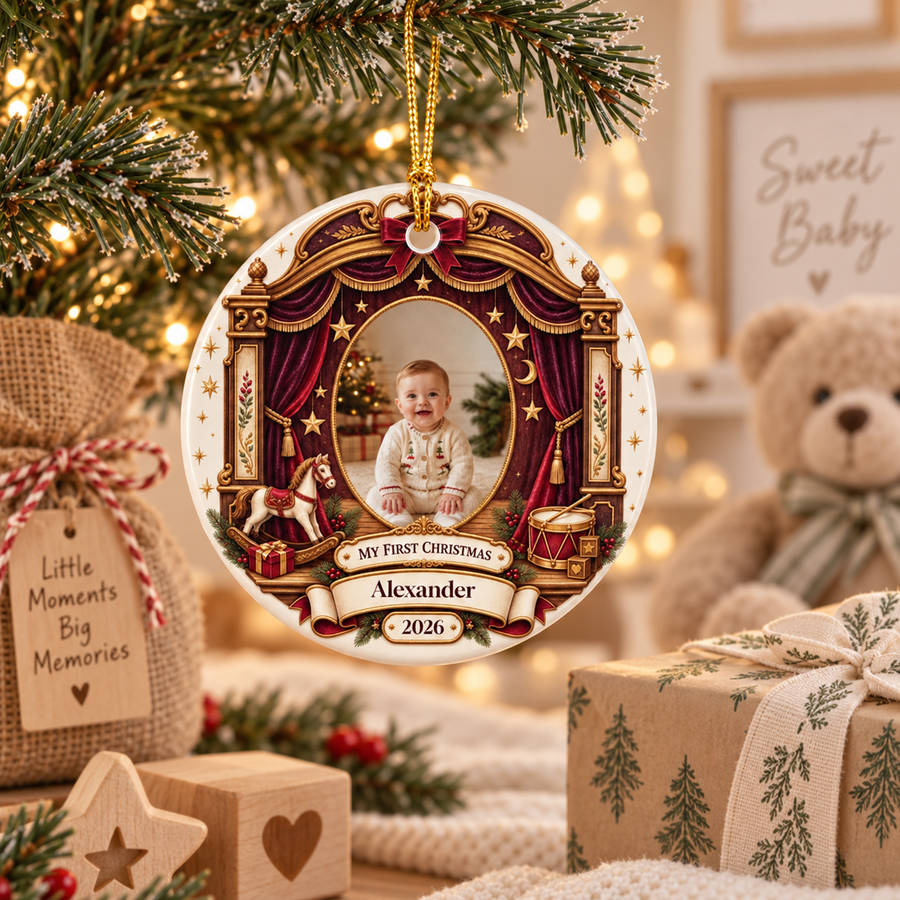 Baby's First Christmas Ceramic Photo Ornament | Theater Stage Frame | Custom Name & Year