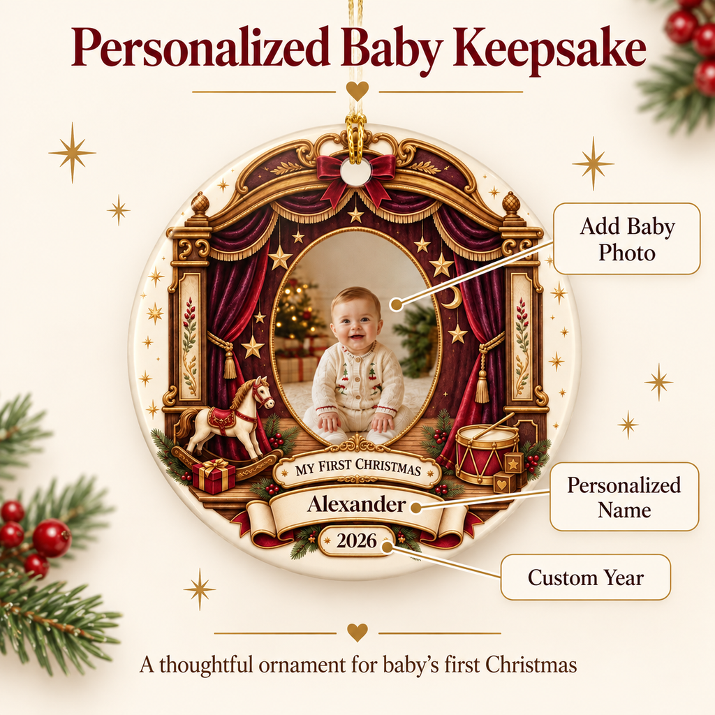 Baby's First Christmas Ceramic Photo Ornament | Theater Stage Frame | Custom Name & Year
