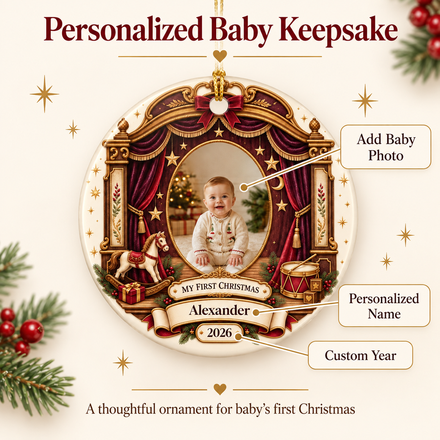 Baby's First Christmas Ceramic Photo Ornament | Theater Stage Frame | Custom Name & Year