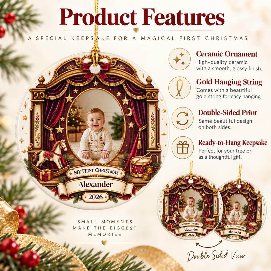 Baby's First Christmas Ceramic Photo Ornament | Theater Stage Frame | Custom Name & Year