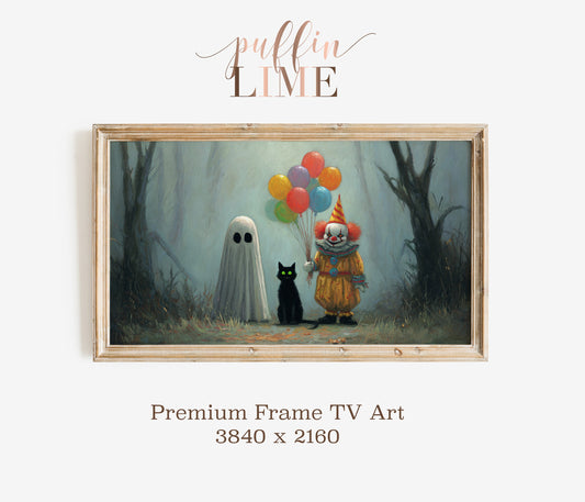 Halloween Art Print, Clown and Ghost with Cat, Spooky Forest Background, Digital Frame TV Art, Home Decor, 3840 x 2160 Resolution