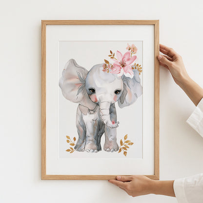 Cute Baby Elephant with Flowers Wall Art product type