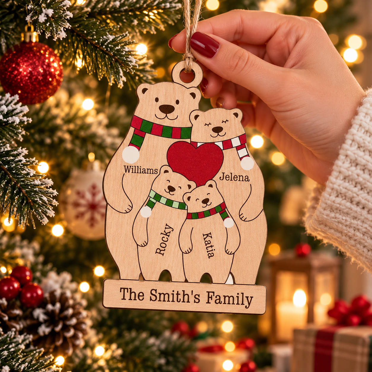 Personalized family bear Wood Christmas ornament