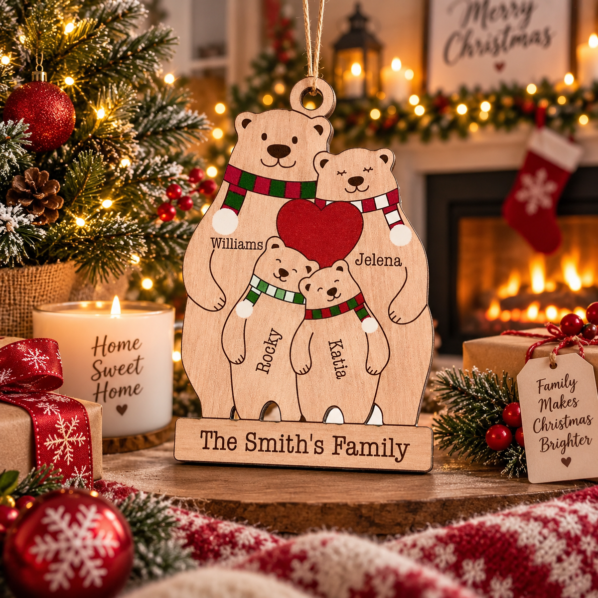 Personalized family bear Wood Christmas ornament