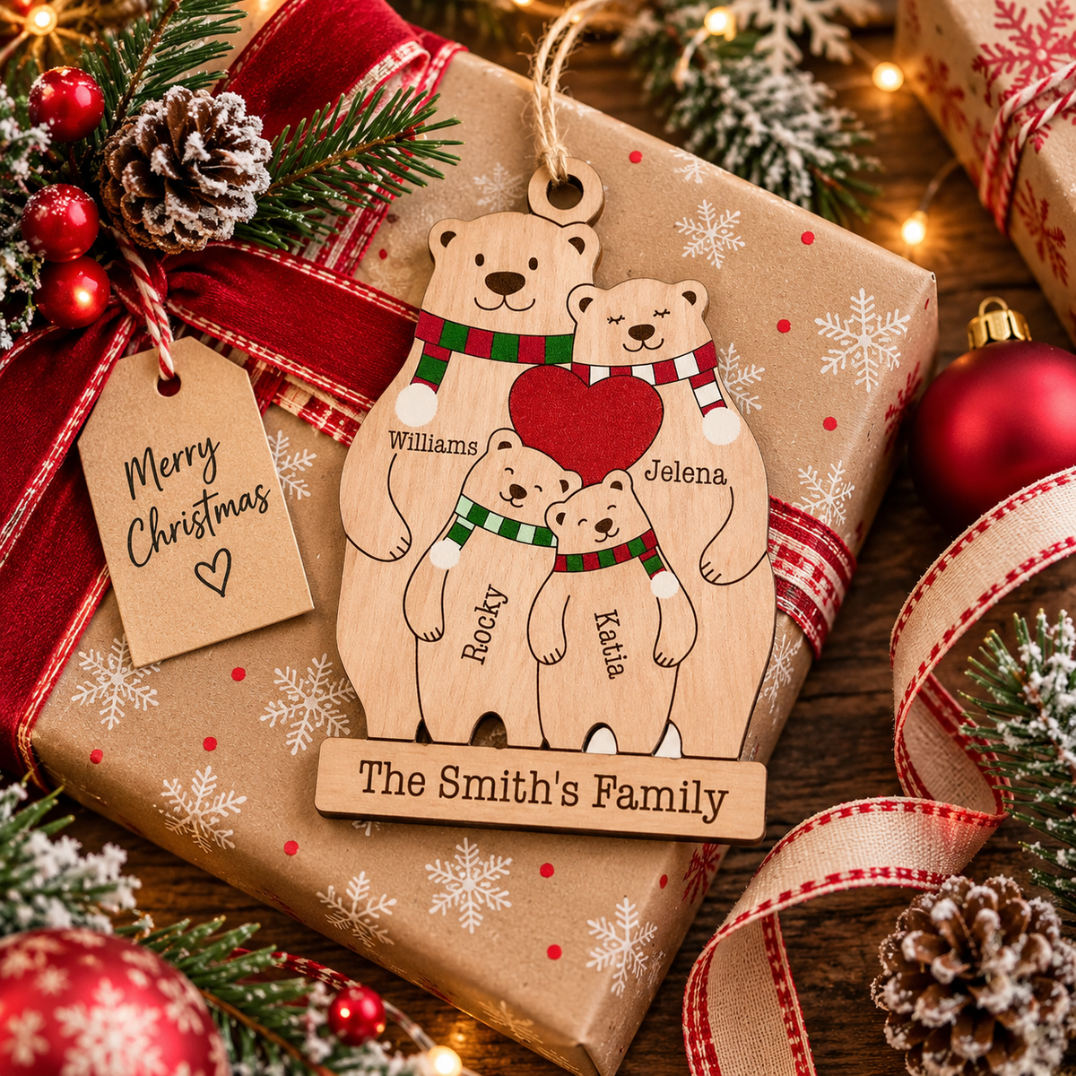 Personalized family bear Wood Christmas ornament