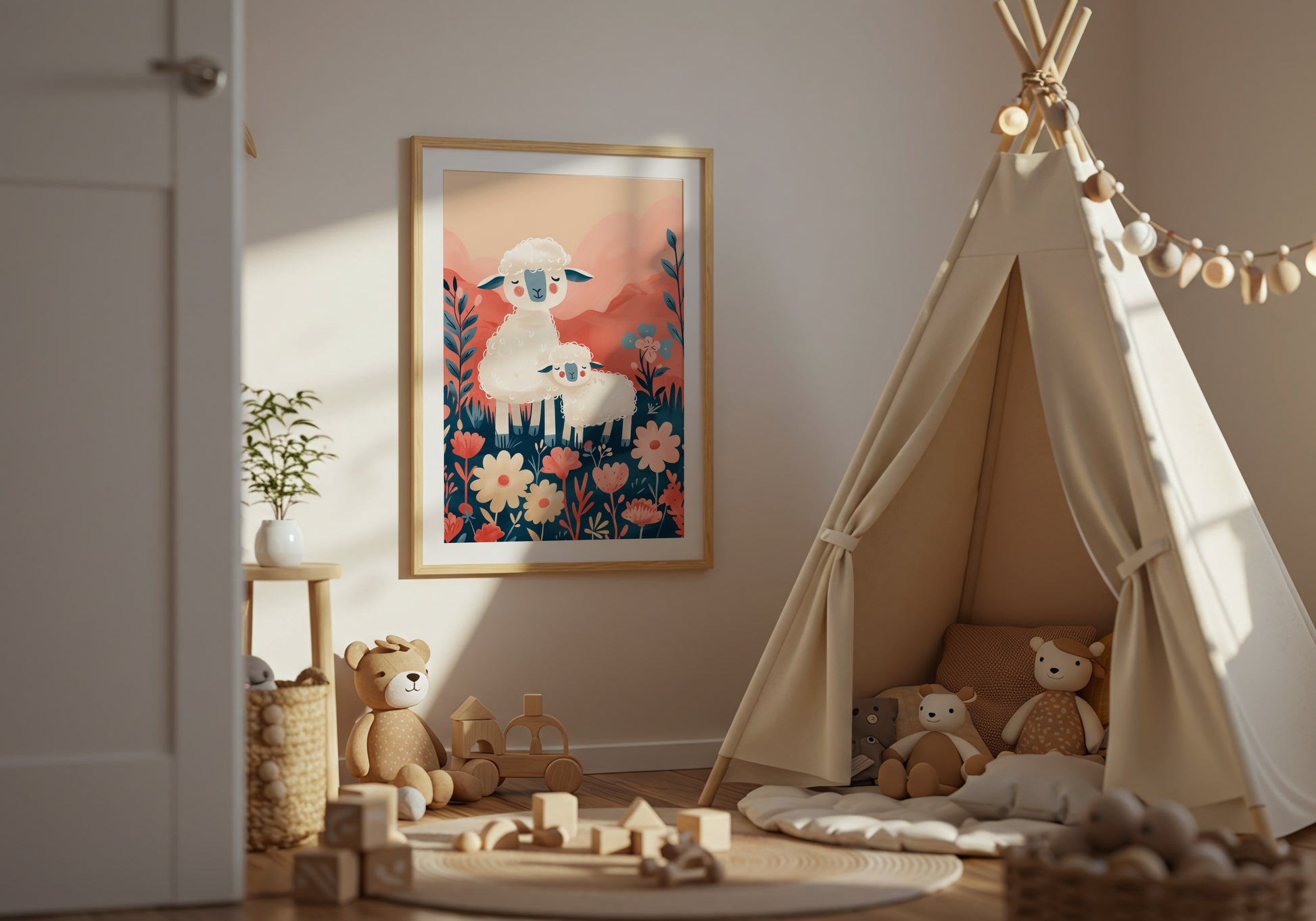 Adorable Lamb and Flowers Kid's Room Wall Art product