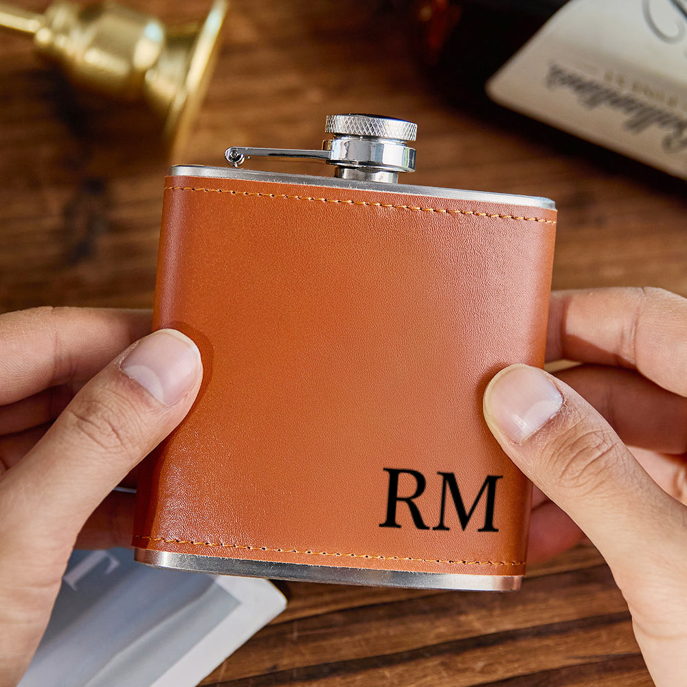 Personalized Leather Wrapped Whiskey Flask - 6oz Custom Engraved Gift