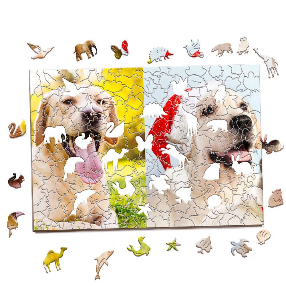Personalized photo wood jigsaw puzzle by MadeMine showing a custom photo printed on interlocking wooden puzzle pieces.