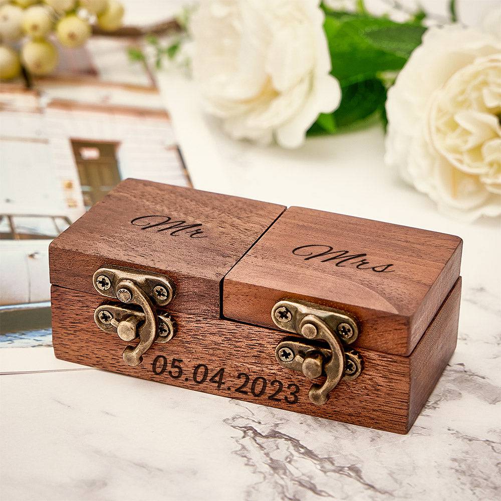 Personalized wooden ring box from MadeMine, custom double ring bearer box with engraved details and elegant natural wood finish.