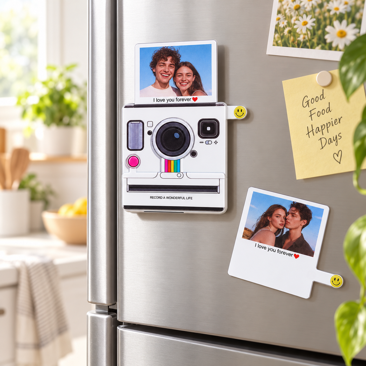 A refrigerator door in a bright kitchen setting, decorated with photo magnets, a yellow sticky note, and a small smiley-face magnet. The central item is a white instant-camera-style refrigerator magnet with printed photo slots and the text 'I love you forever' and 'Making a wonderful life'.
