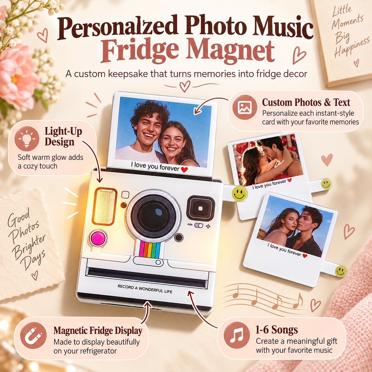 Personalized photo music fridge magnet shown on a warm beige background with decorative text callouts and sample photos. The main product is a retro instant-camera-style magnet with a photo displayed on its screen, plus several smaller sample magnets and text bubbles explaining features like light-up design, custom photos and text, magnetic fridge display, and 1-6 songs.