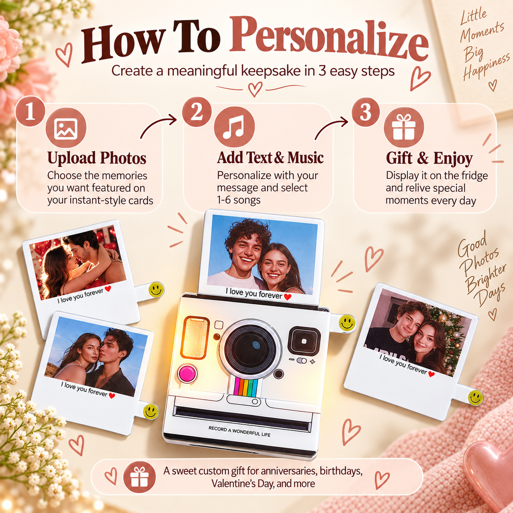 Promotional graphic for a custom instant camera photo print service, titled 'How To Personalize'. It features a central illustration of a retro-style instant camera surrounded by sample Polaroid-style photos with 'I love you forever' text, set against a warm beige background with floral decorations and step-by-step personalization instructions.