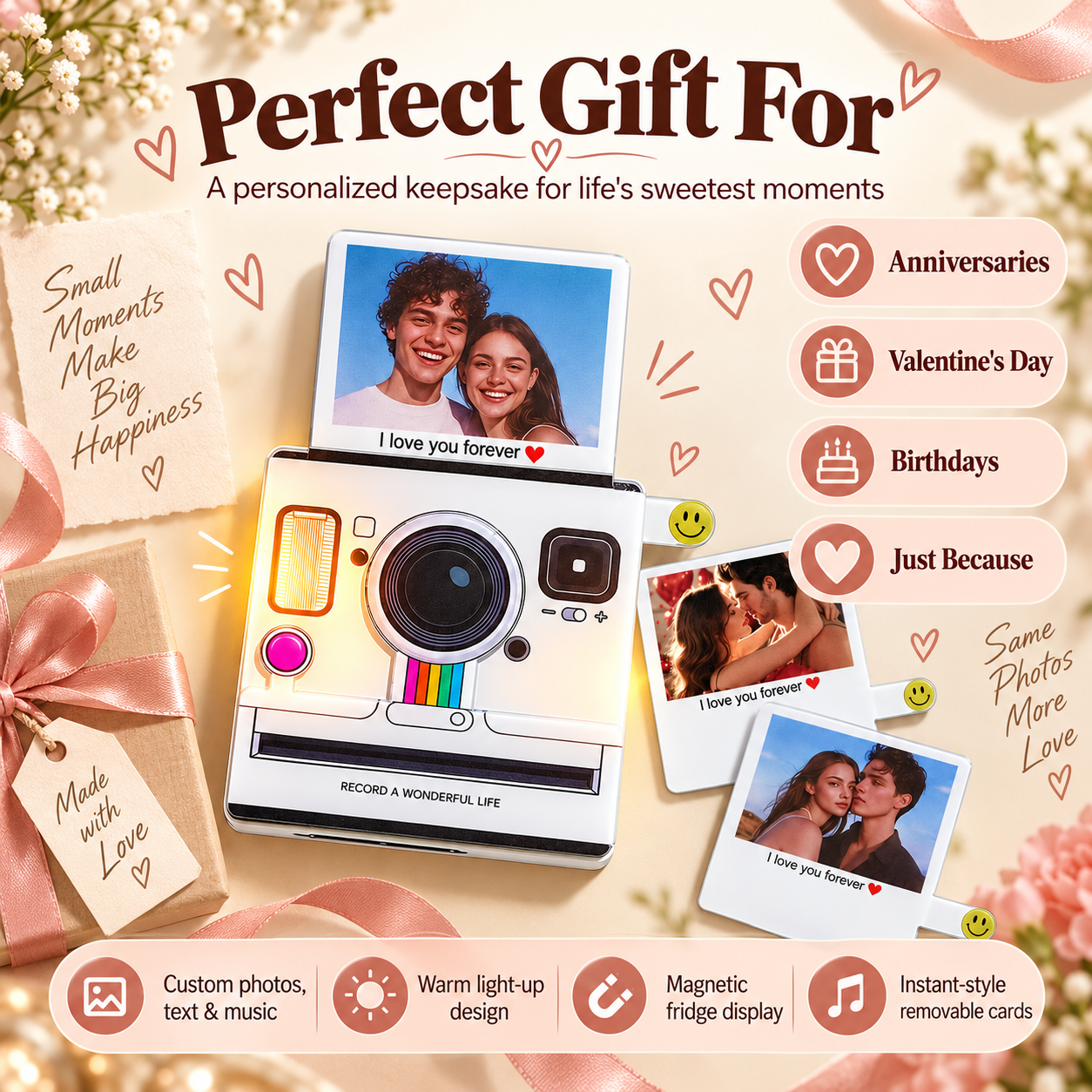 A promotional graphic for a personalized instant camera keepsake gift. The main subject is a white retro-style camera with colorful rainbow accents and sample photos of a couple displayed on its screen and as removable cards.