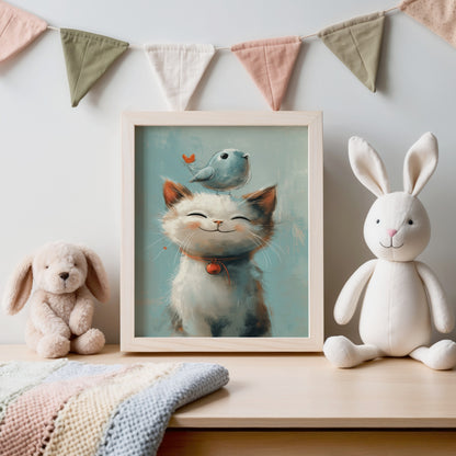 Whimsical Cat and Bird Art Print Nursery Decor product type