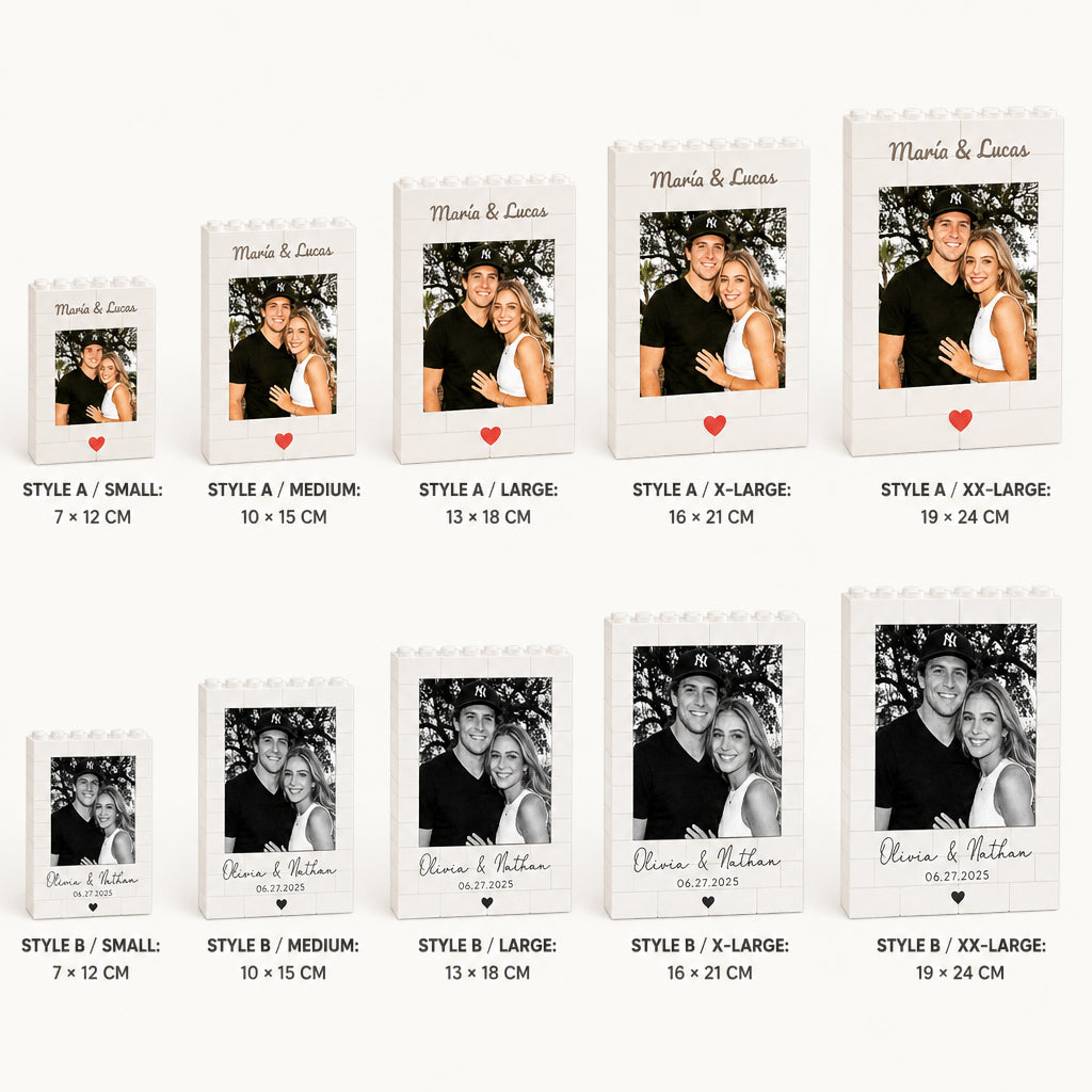 A catalog grid showing multiple white polaroid-style photo frames in different sizes, each with a sample couple's photo and printed labels for style and dimensions.