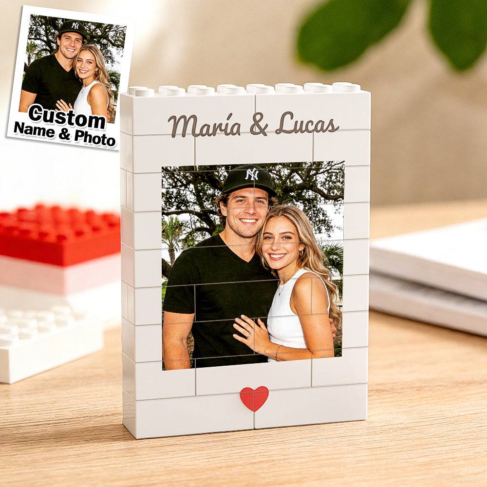 Puffin Lime custom photo brick puzzle frame displaying personalized building block design on a wooden stand.