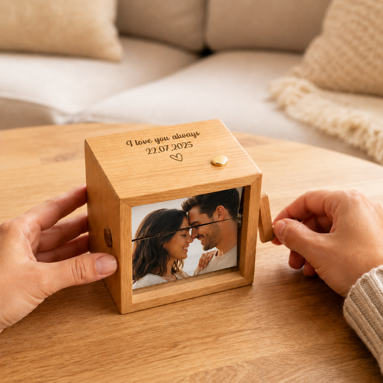 Couple using the hand crank on a personalized photo music flipbook