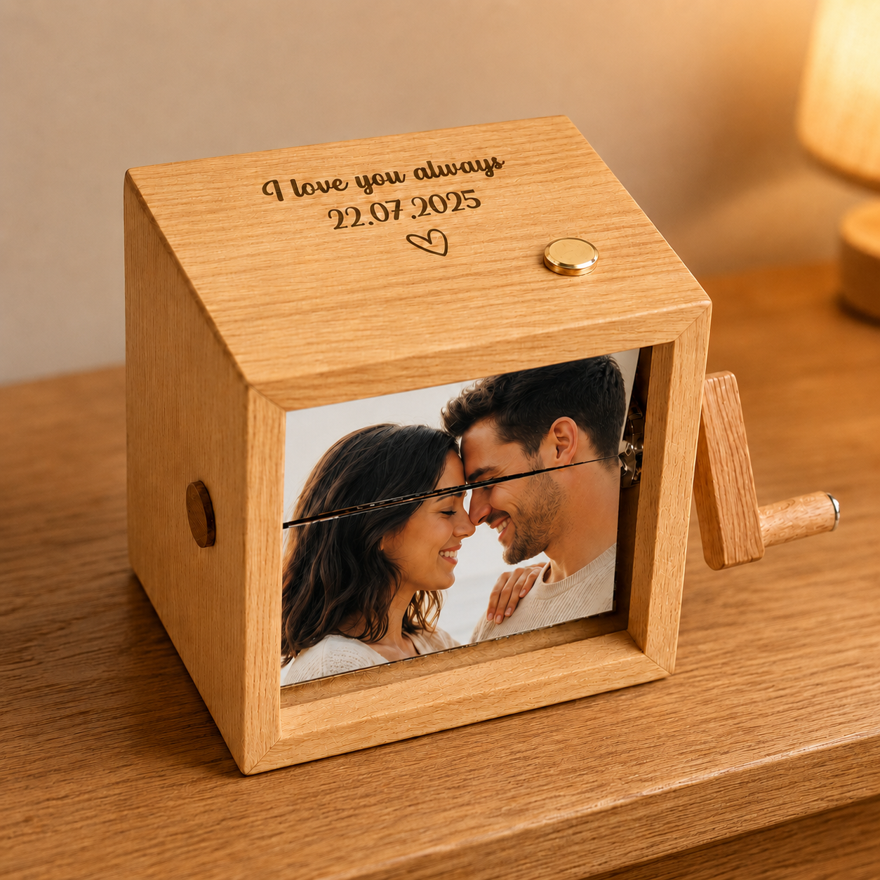 Close-up of wooden hand crank and photo mechanism on custom music flipbook