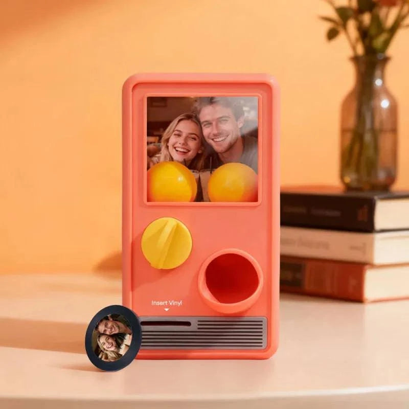 MadeMine personalized music gachapon machine with custom photo and song capsules, featuring a colorful music box design.