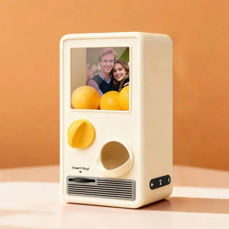 MadeMine personalized music gachapon machine with custom photo and song capsules, showcasing colorful music box design and capsule features.
