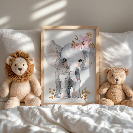 Adorable Elephant Print with Pink Flower Wall Art product