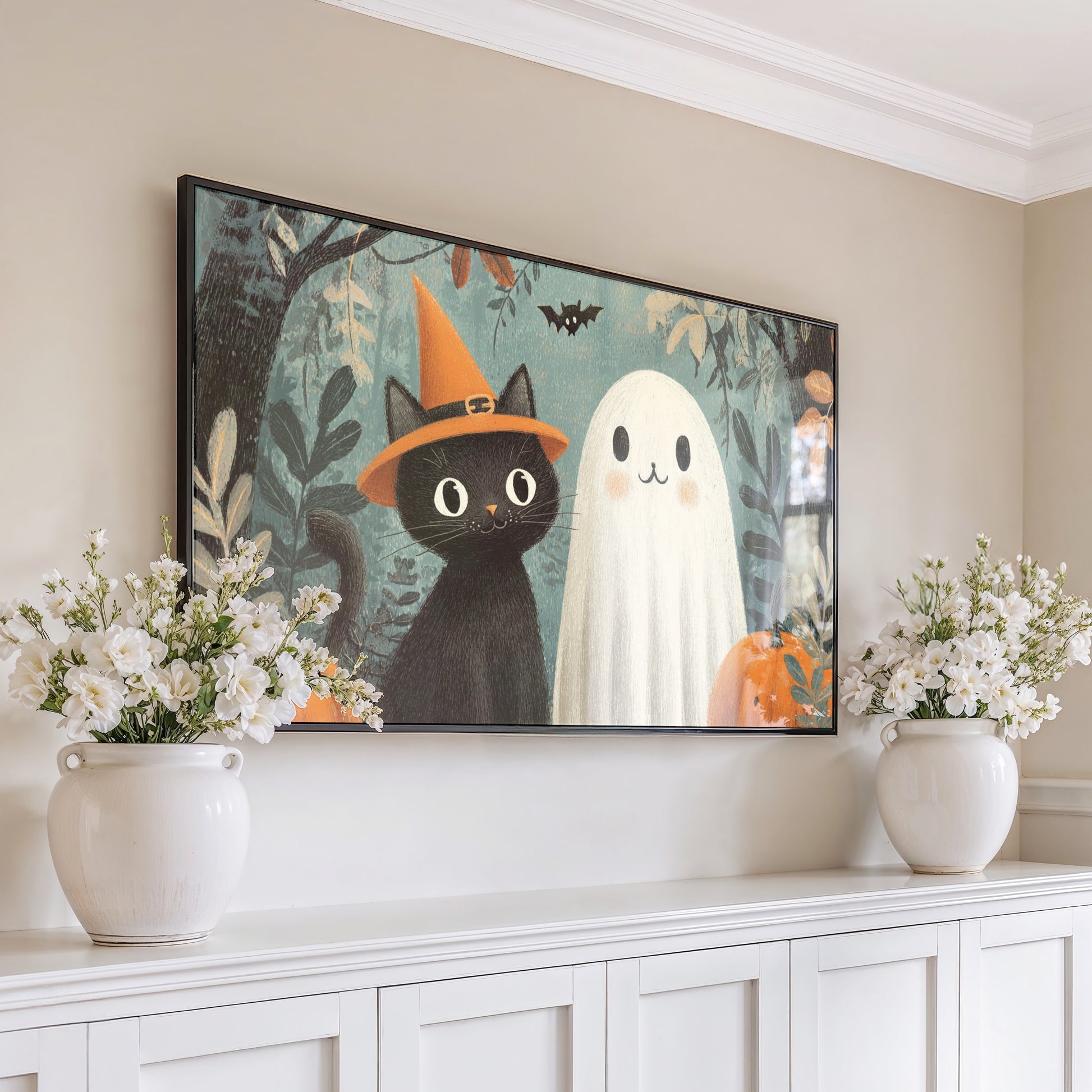 Halloween Cat and Ghost Canvas Art, Spooky Wall Decor, Witch Hat, Pumpkin, Home Decoration