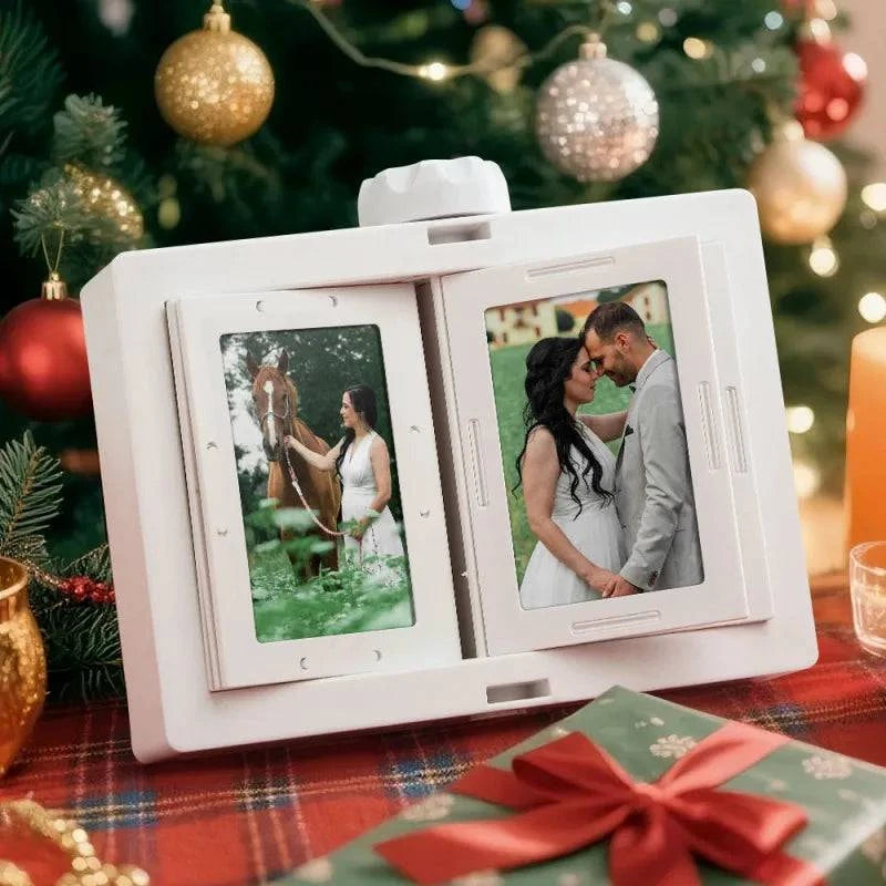 MadeMine rotating photo carousel frame displaying 24 photos in a vertical, multi-layered design with a sleek black finish.