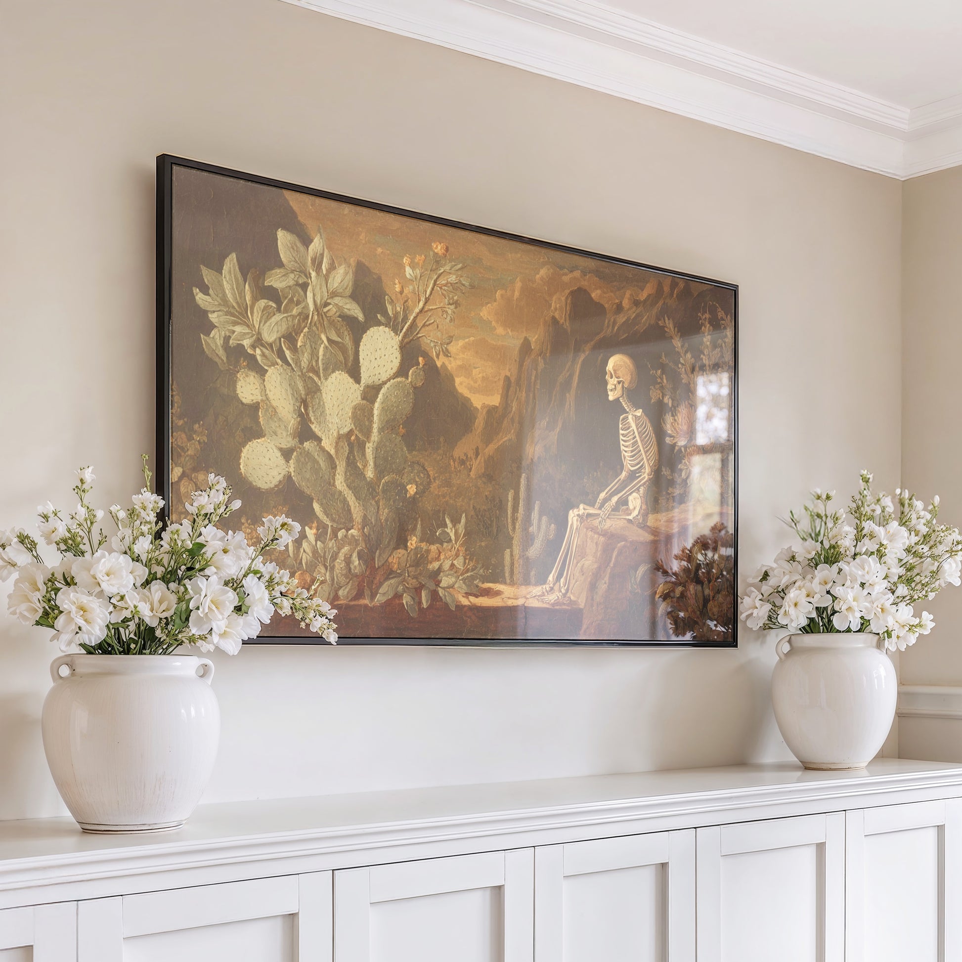 Vintage Skeleton Floral Art Canvas Print, Classic Dark Wall Decor, Gothic Home Decoration, Large Mysterious Painting