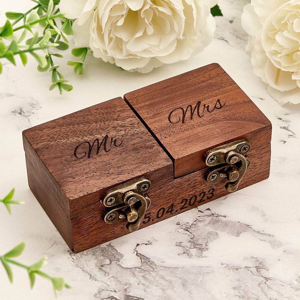 Personalized wooden ring box by MadeMine, custom double ring bearer box with engraved details, ideal for wedding rings and keepsakes.