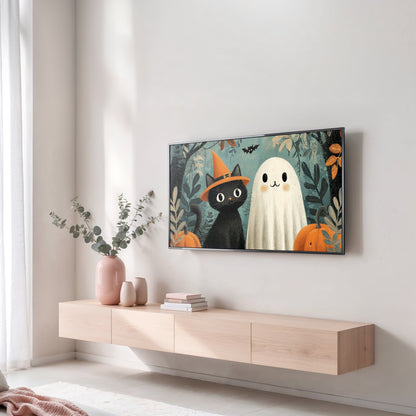 Halloween Canvas Wall Art, Cute Ghost and Cat, Autumn Home Decor, Spooky Themed Print