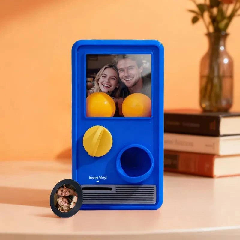 Personalized MadeMine Music Gachapon Machine with custom photo and song capsules, showcasing a unique music box design.