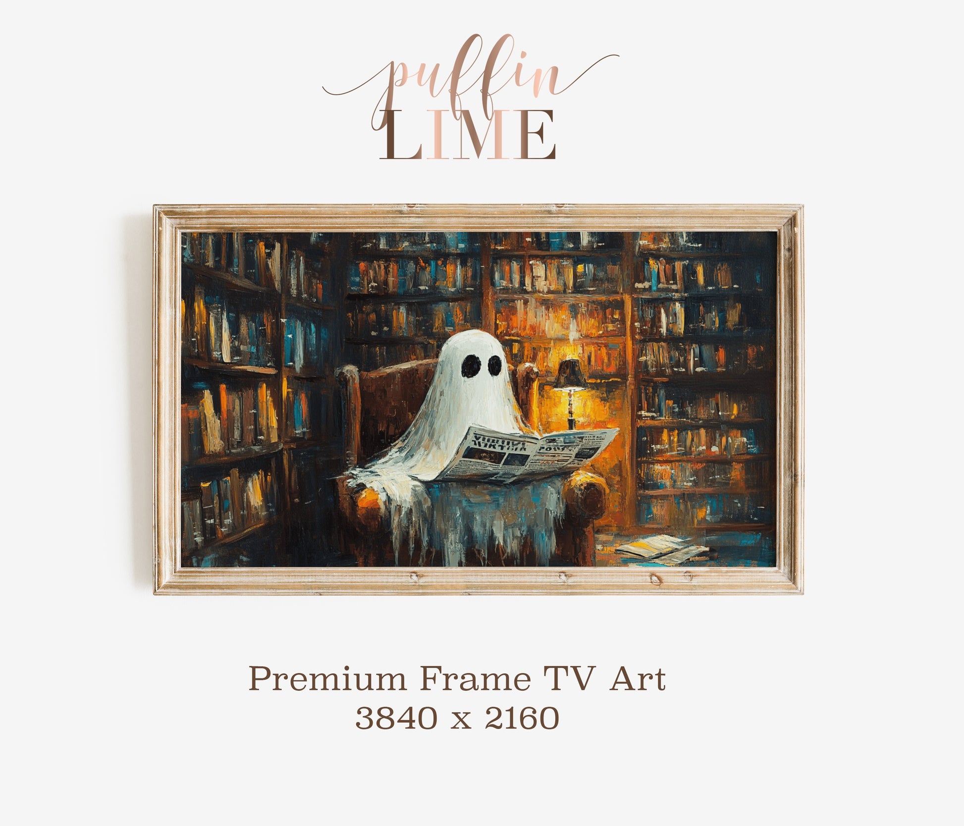 Ghost Reading Newspaper in Library Painting, Premium Frame TV Art, Wall Decor, 3840 x 2160 Resolution