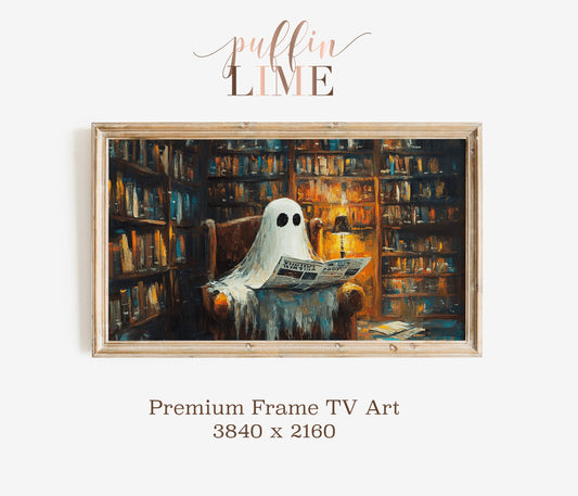 Ghost Reading Newspaper in Library Painting, Premium Frame TV Art, Wall Decor, 3840 x 2160 Resolution