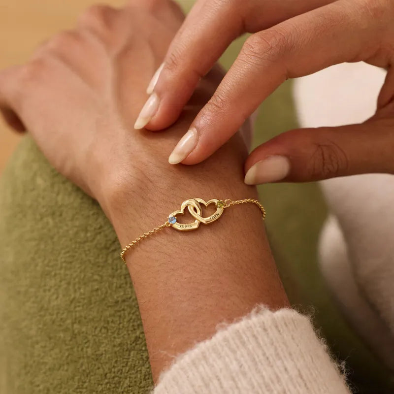 Personalized Double Heart Name Bracelet - Birthstone Engraved Gift