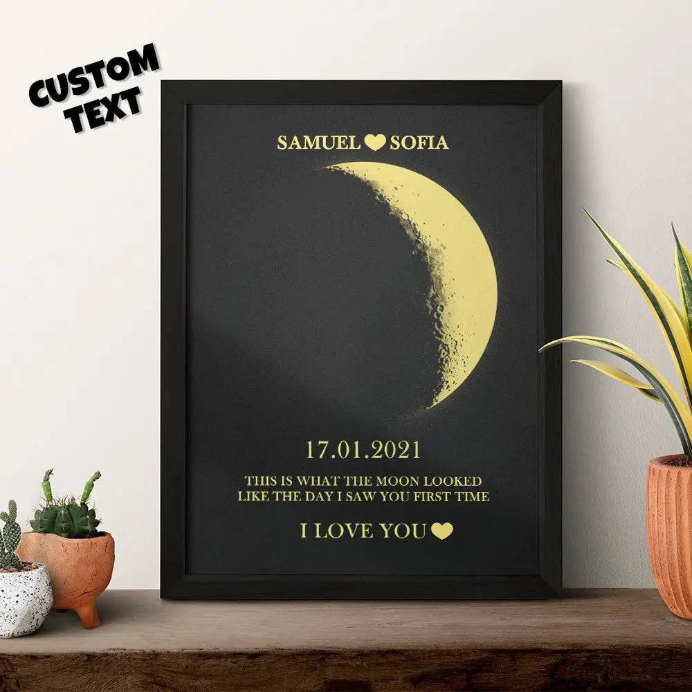 Custom moon phase framed wall art by Puffin Lime, featuring a detailed lunar cycle design perfect for gifts or home decor.