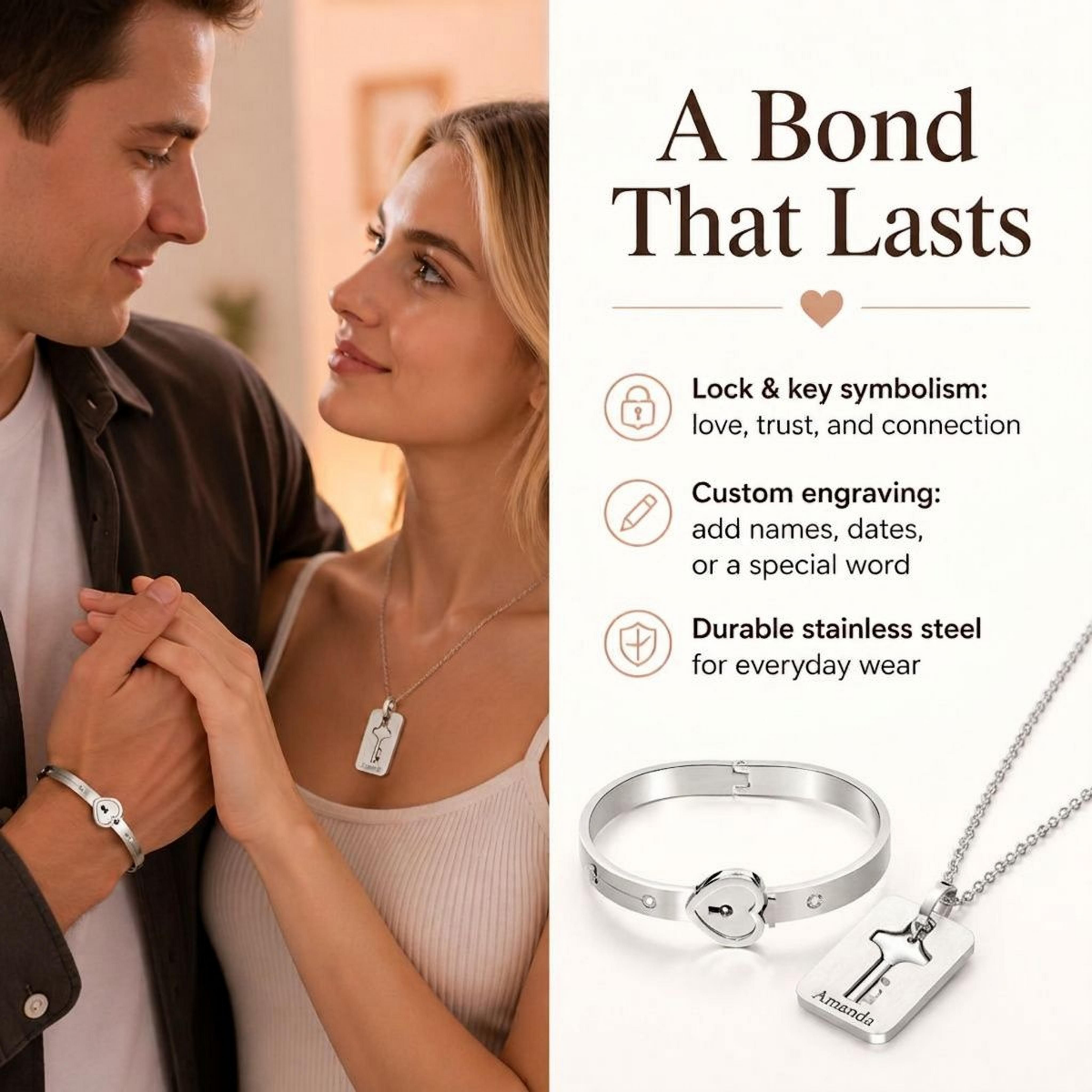 Custom Engraved Lock and Key Matching Jewelry Set