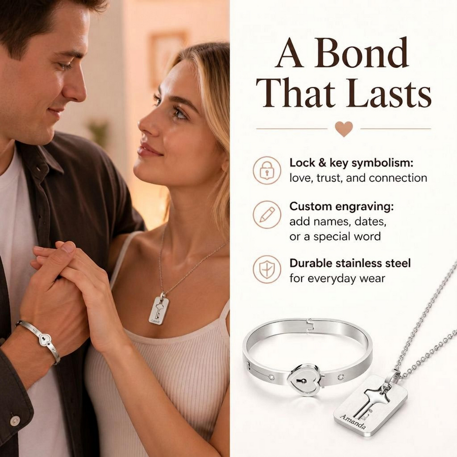 Custom Engraved Lock and Key Matching Jewelry Set