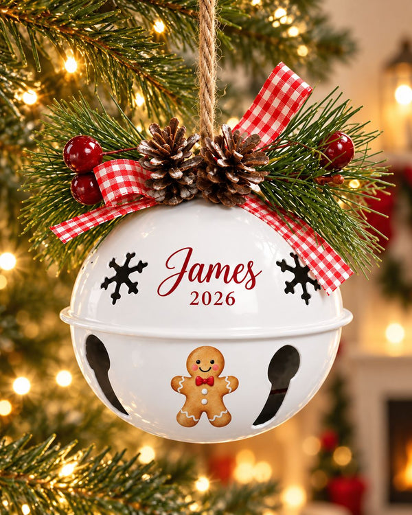 Personalized Gingerbread Boy Bell Ornament, White Metal, Name and Year
