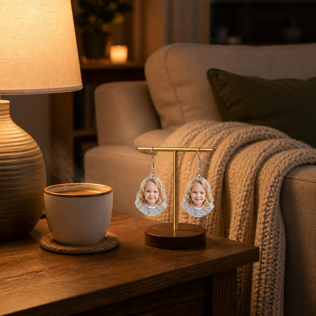 Personalized Photo Acrylic Dangle Earrings · Cozy Evening Living Room Scene