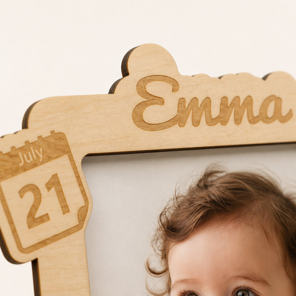 Personalized Newborn Wooden Photo Frame · Macro Close-Up of Engraving Detail