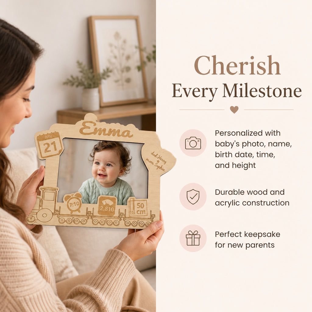 Personalized Newborn Wooden Photo Frame · Split Layout: Gift Keepsake Benefit