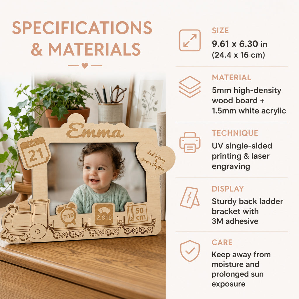 Personalized Newborn Wooden Photo Frame · Specifications & Materials Infographic