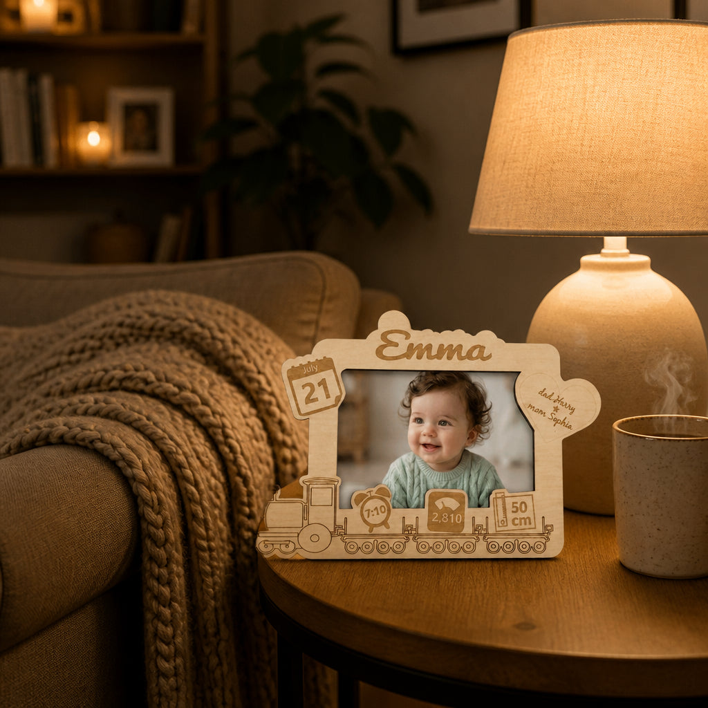 Personalized Newborn Wooden Photo Frame · Evening Living Room Lifestyle Scene