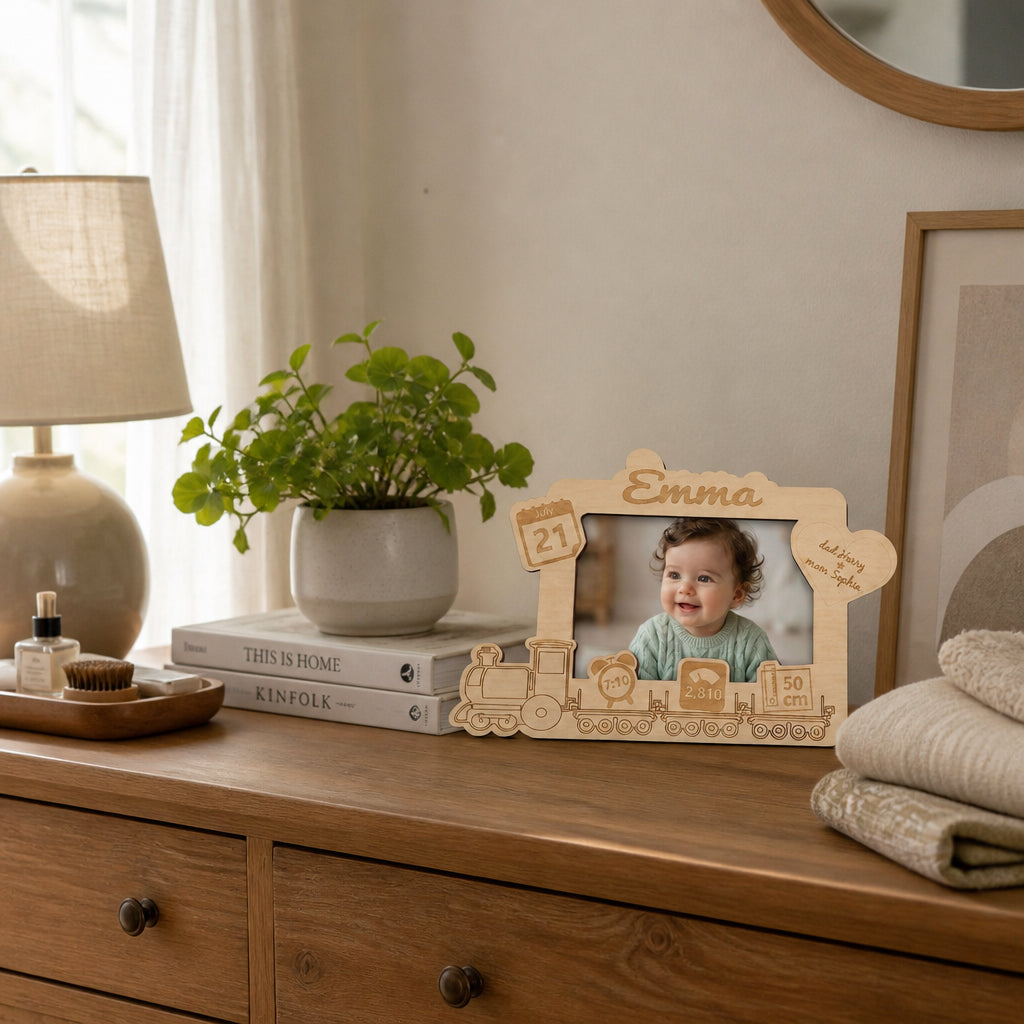 Personalized Newborn Wooden Photo Frame · Bedroom Dresser Lifestyle Scene