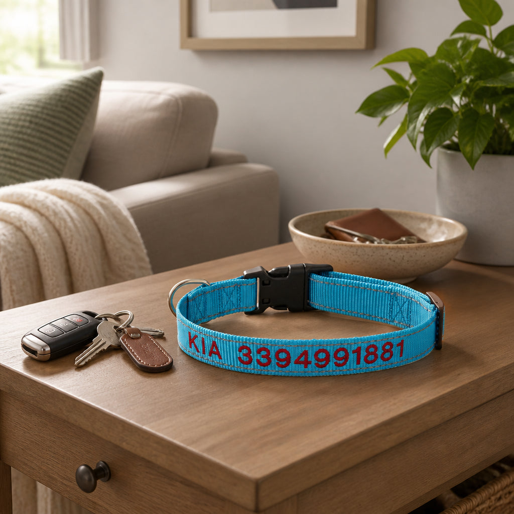Personalized Reflective Nylon Dog Collar · Dog Collar in Everyday Home Setting