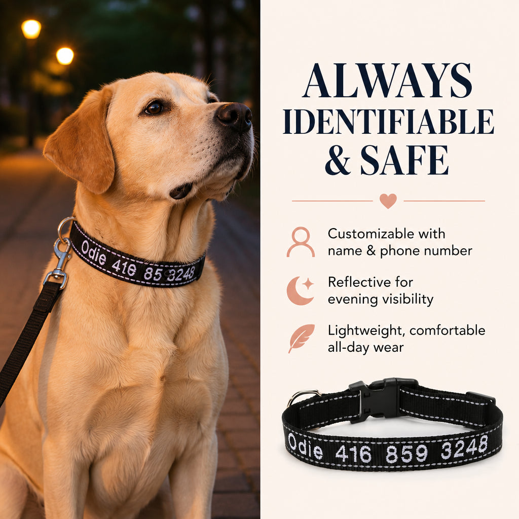 Personalized Reflective Nylon Dog Collar · Split Layout: Safety and Comfort Benefits
